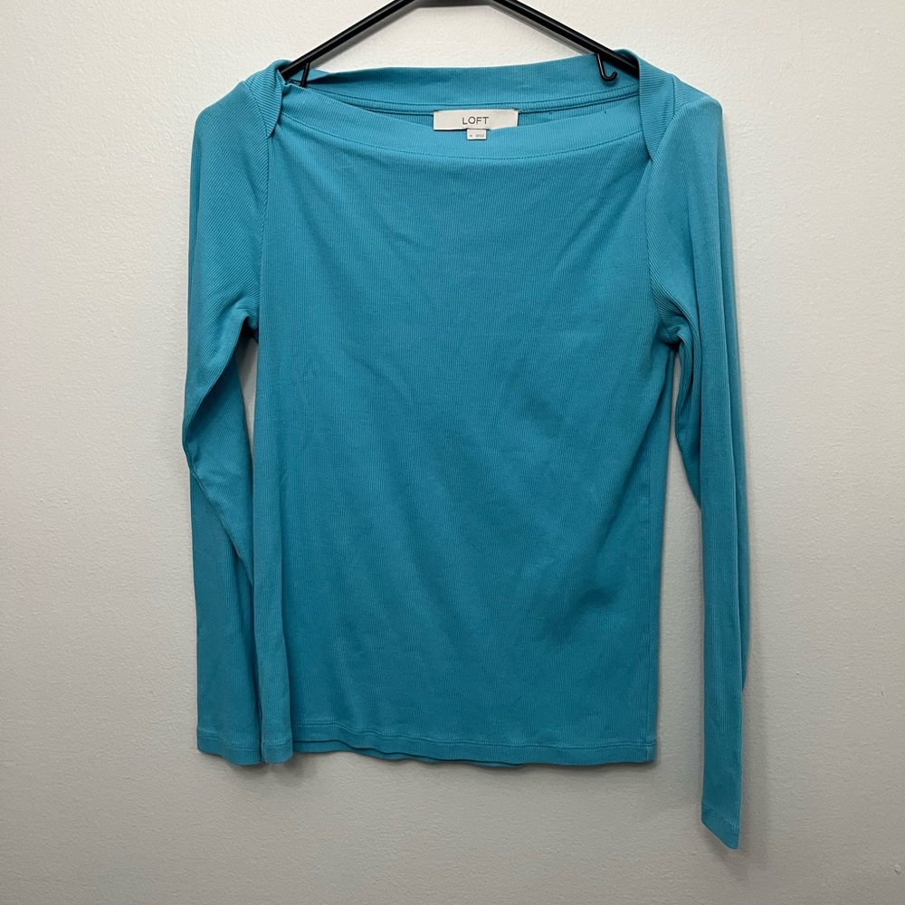 LOFT Long Sleeve Boatneck Top in Turquoise Blue